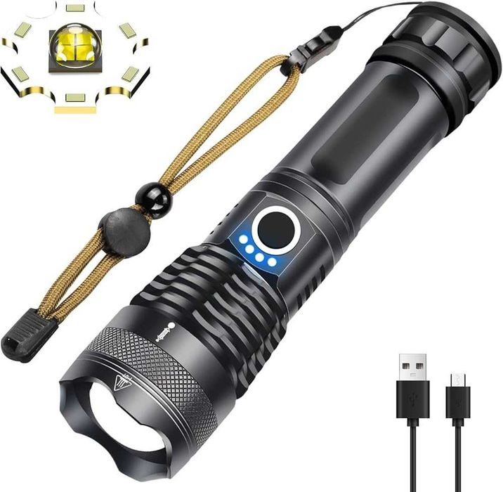 НОВ! Мощен фенер до 1000m - USB зареждане водоустойчив 90000lm - fener