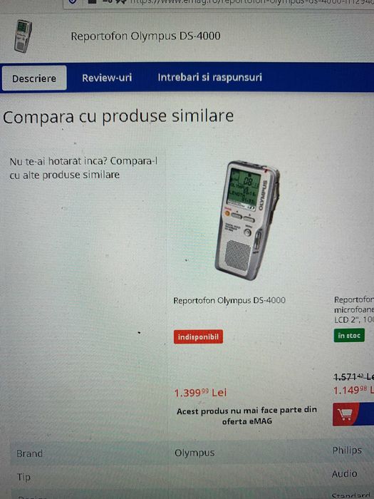 Reportofon digital profesional Olympus DS-4000 544MB XD mem ext ca nou