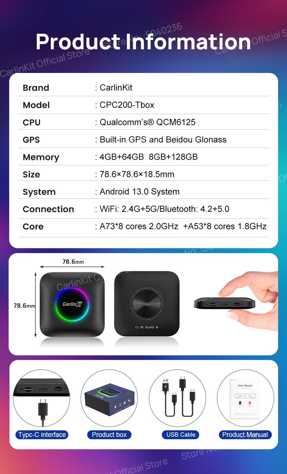 Tbox LED - Carlinkit Android 13 Безжичен Carplay Android Auto Adapter