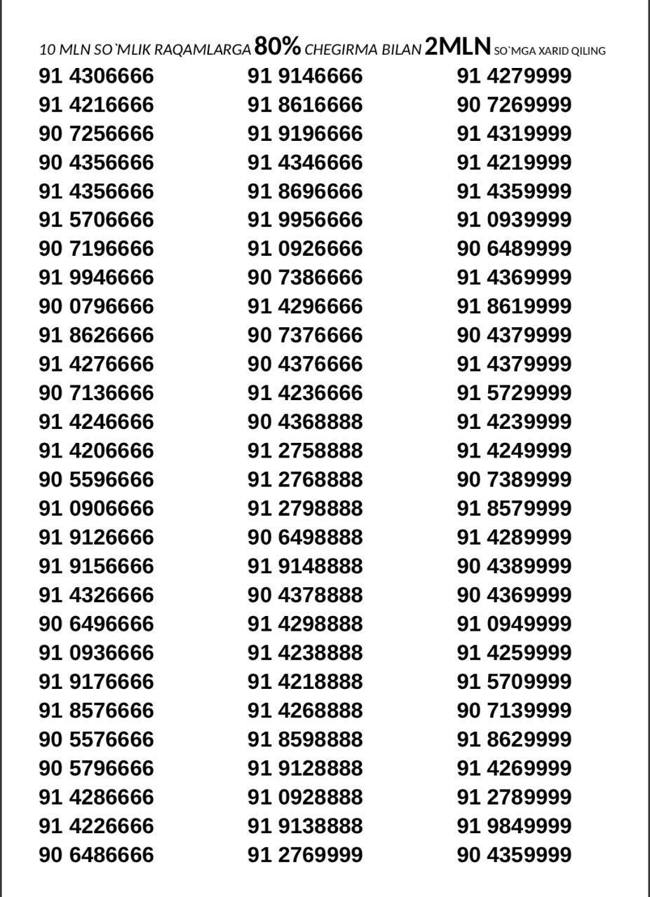Beelinedan chiroyli raqamlarga 80% chegirmada