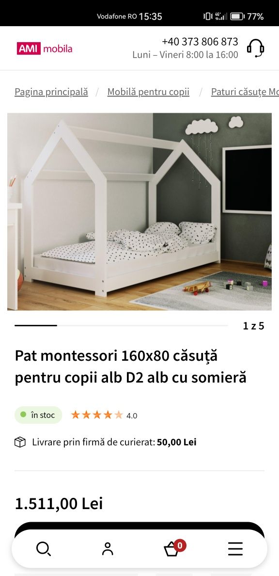 Pat montessori căsuță pentru copii alb 160x80 +saltea si somiera noi