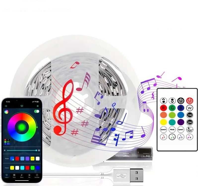 5м LED Лента RGB-IC Bluetooth, Цветомузика Преливащи Цветове Mic, APP