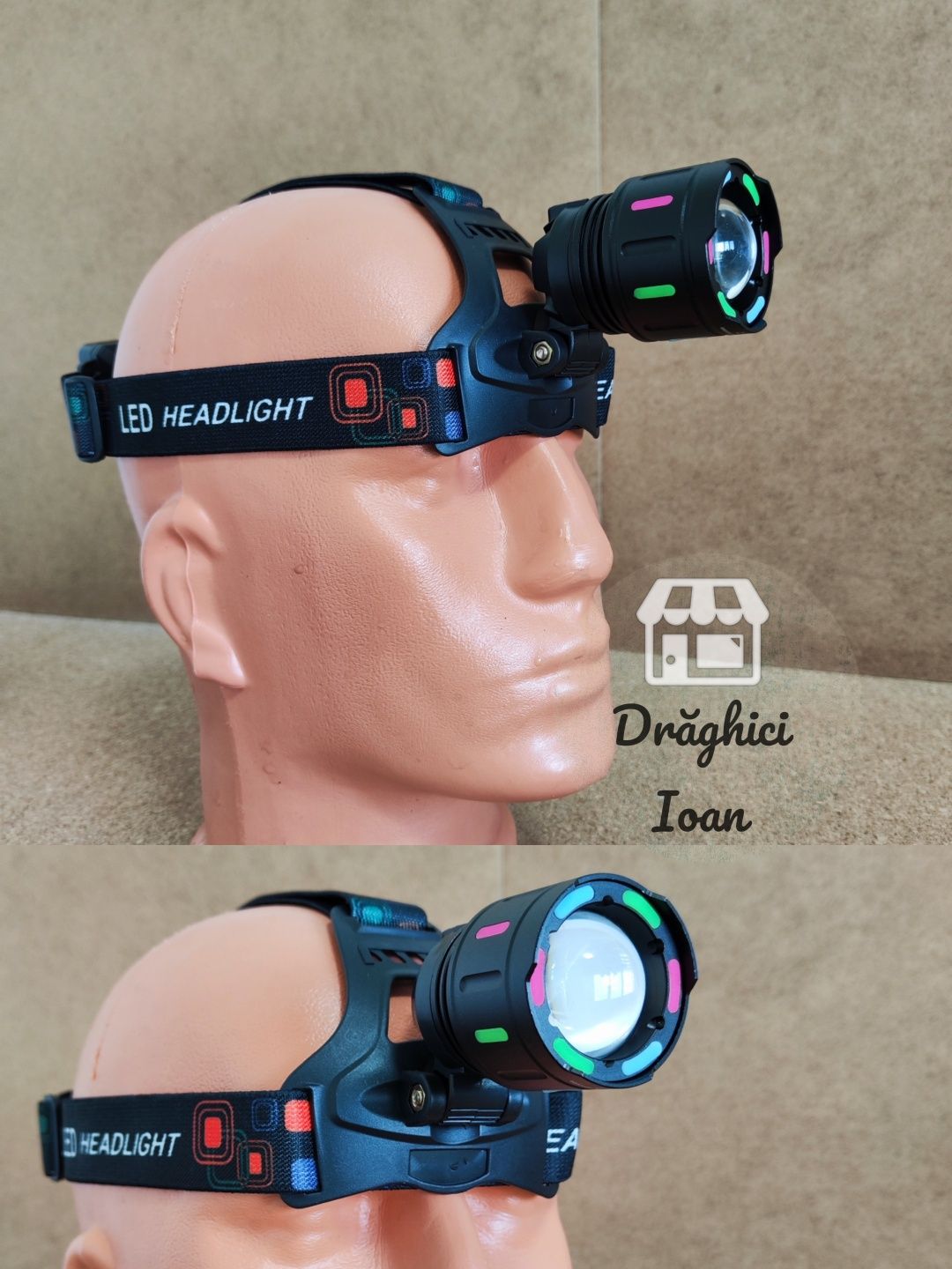 Lanterna LASER PM10 frontala de purtat cap metalica cu lupa și zoom