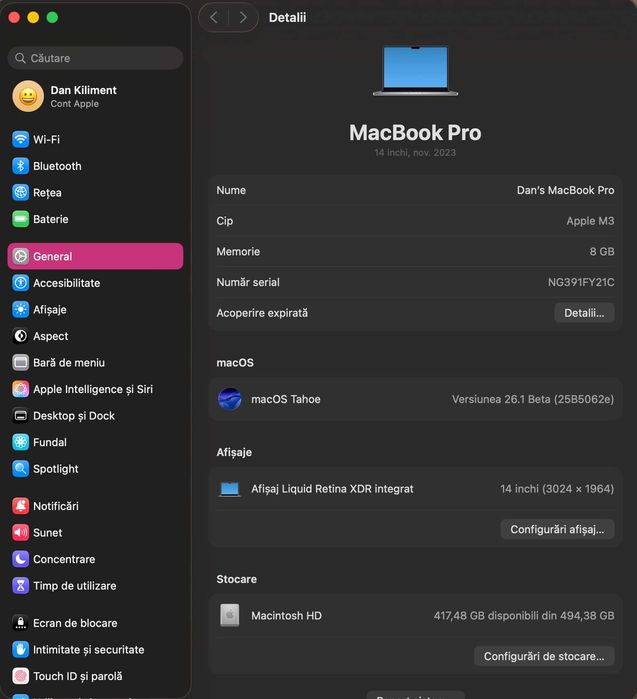MacBook Pro 14” M3  – stare 10/10, baterie 99%, ca nou!