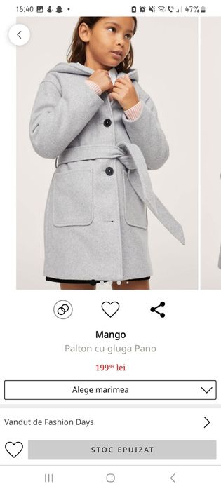 Palton fete Mango, mărimea 164, 13-14 ani