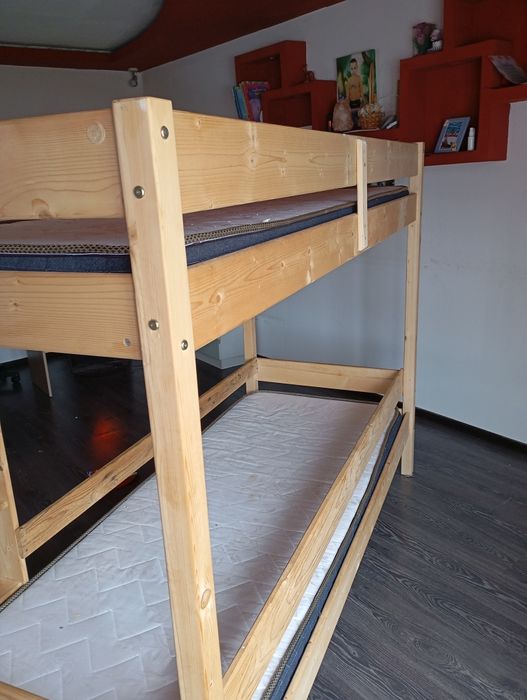 Pat etajat Lemn Masiv, 80x200 cm, Natur + 2 saltele