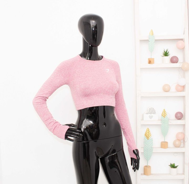 Gymshark дамски кроп топ къс розов меланж дълъг ръкав за фитнес S