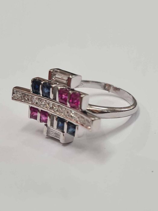 Inel Art Deco din aur alb 18k, cu diamante naturale,safire naturale si