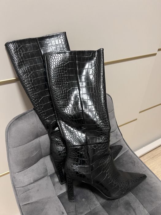 Cizme lungi negre – stil șarpe – piele ecologică