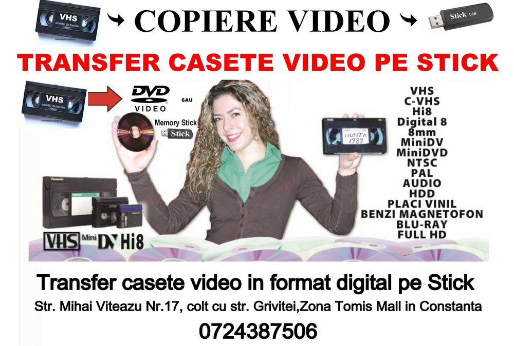 Transfer casete video pe Stick/vhs,8mm,MiniDv preț 1.05 ron/minut, USB