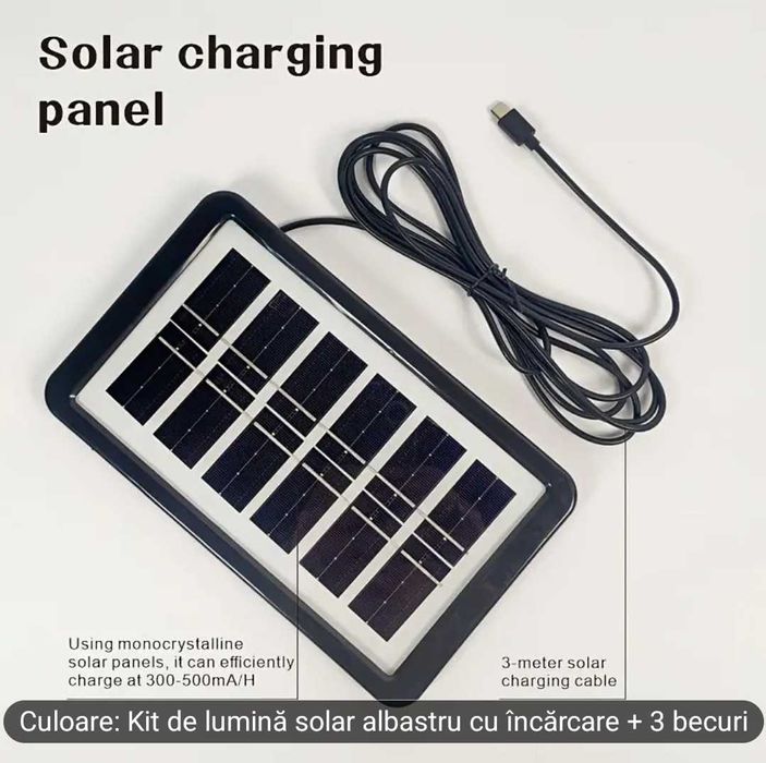 Panou Solar 3W cu Cablu de 3 Și Cutie Convertoră pentru Încarcare+bec