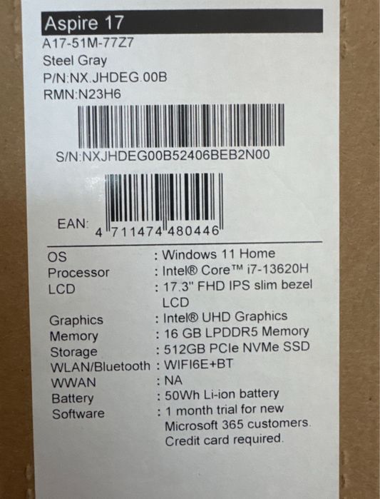 Laptop 2025 Acer Aspire 17 • NOU • Sigilat • i7