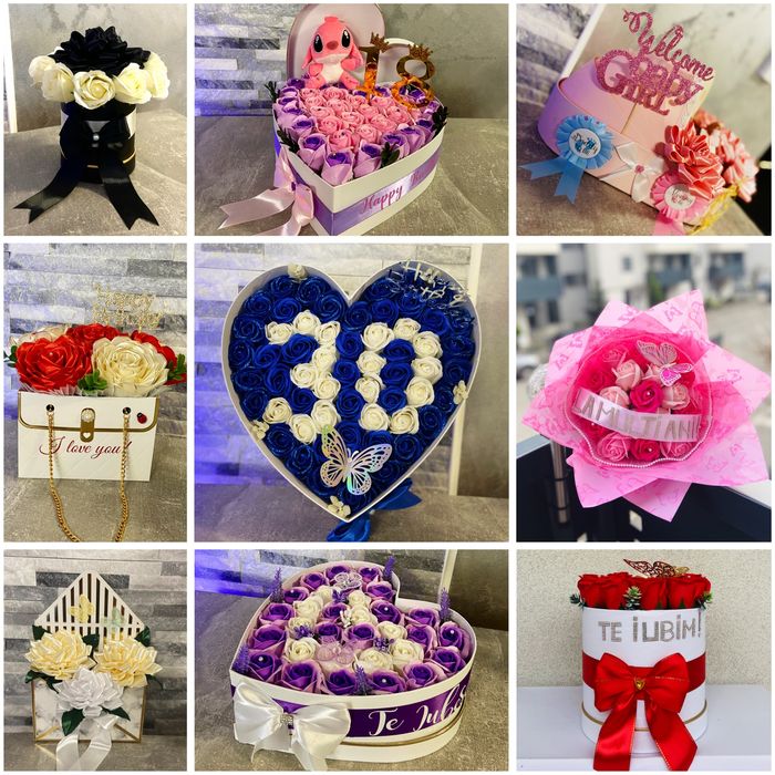 Buchet din trandafiri de sapun sau satin / Aranjamente florale/ dulci