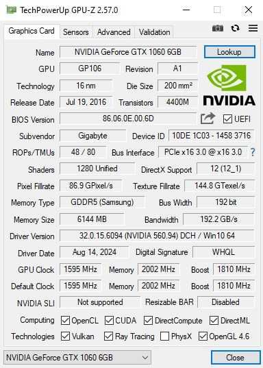 Placa video gaming Gigabyte G1 GTX 1060 6Gb 256 bit Impecabila