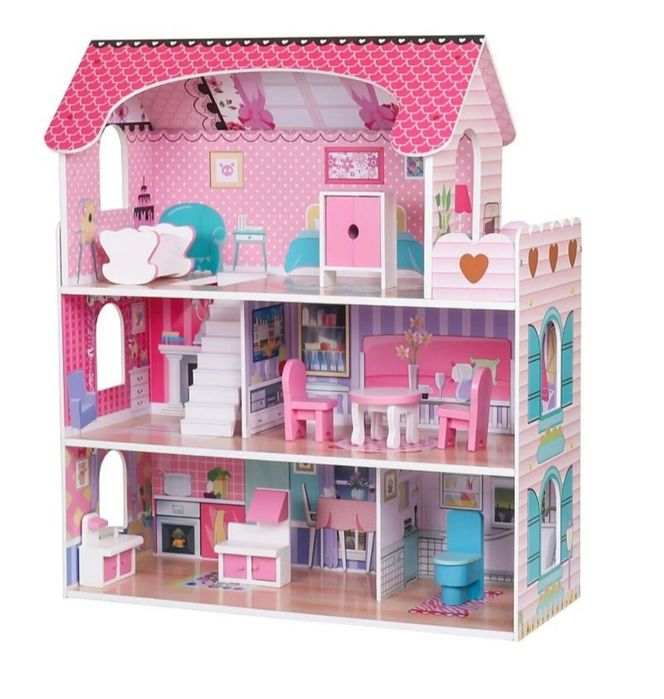 Casa de păpuși, lemn 70 cm 3 etaje cu mobilier