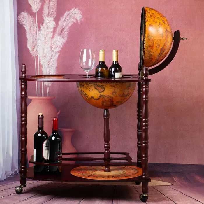 нов Глобус Бар с Маса-Стойка за Вино/Бутилки Масичка на Колела-Количка