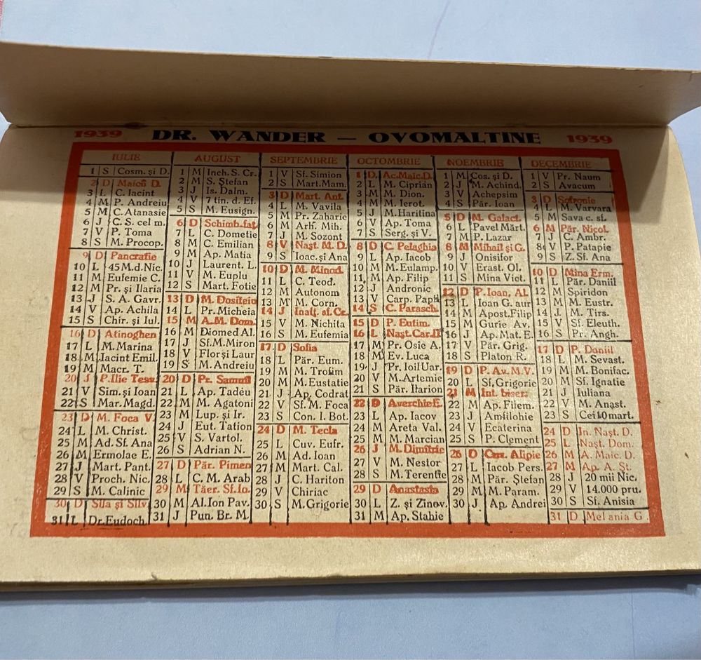 Calendar de buzunar 1939 perioada interbelica