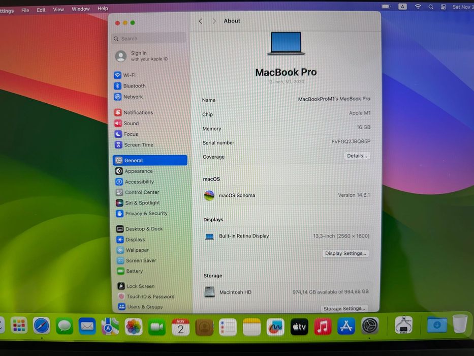 MacBook Pro 13" M1 Chip 8-Core CPU, 8-Core GPU, 16GB RAM, 1TB SSD