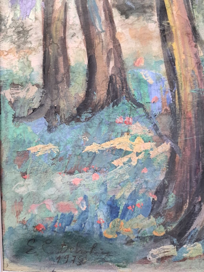 "Pictuă,acuarelă,"Copaci",Ecaterina Cristescu Delighioz(n.1901-d.1973)