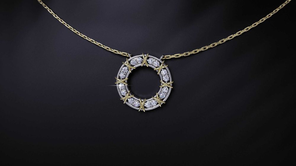 Елегантна висулка в стил Tiffany – бяло и жълто злато с диаманти