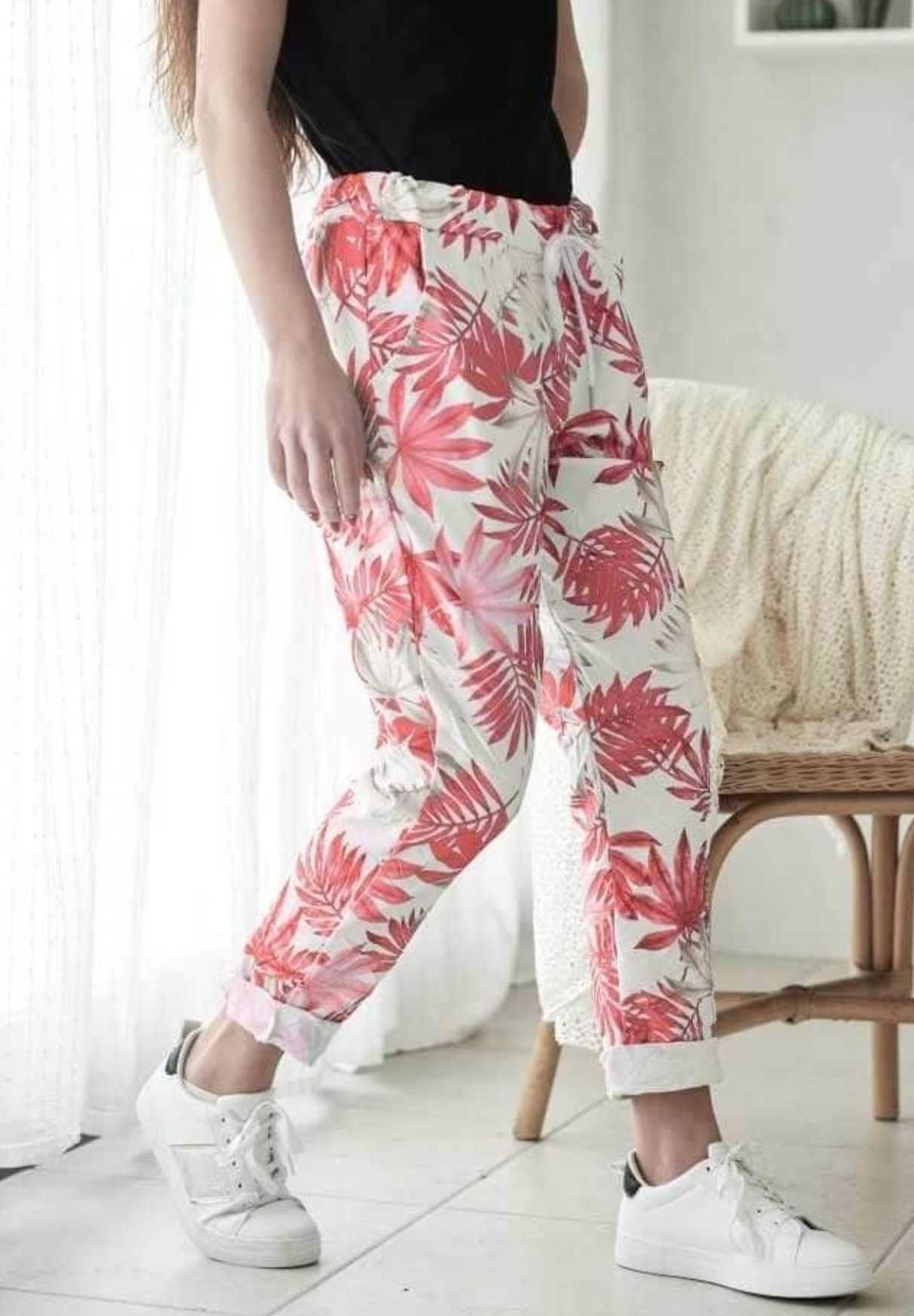 Pantaloni bumbac, alb cu palmieri roz, nou cu eticheta, S/36