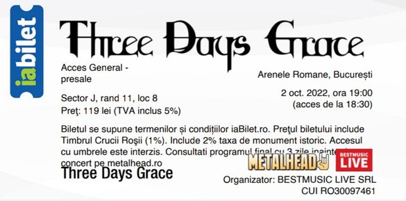 2 Билета за Three Days Grace Букурещ, Румъния 2.10.2022