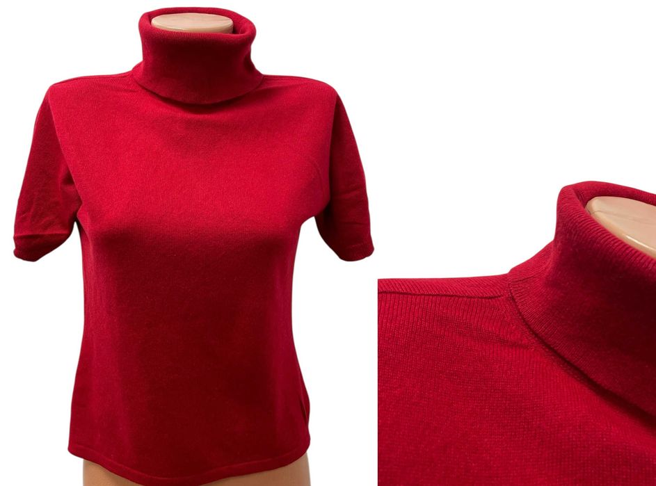 Дамски пуловер размер S КАШМИР и КОПРИНА поло яка червен къс ръкав