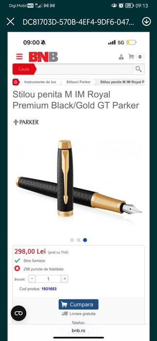 Stilou Parker nou, nefolosit, cu rezervă cerneală