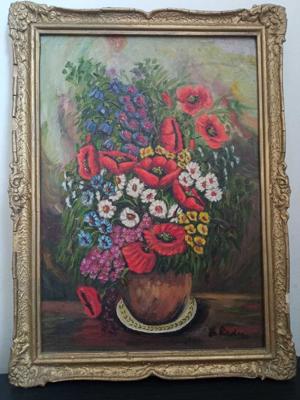 Tablou vechi „Vaza cu flori de câmp” pictat în ulei pe pânză, semnat
