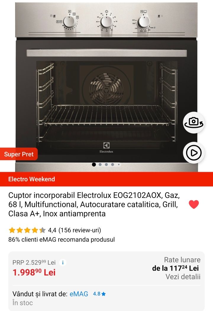 Cuptor incorporabil Electrolux EOG2102AOX, Gaz, 68 l, Multifunctional,