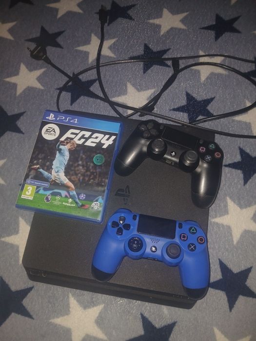 PS 4 Slim 1 TB + 2 manete + FIFA 24 + TOATE CABLURILE NECESARE