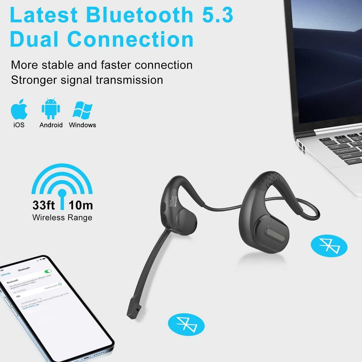 iDIGMALL Bluetooth 5.3 слушалки с магнитен подвижен микрофон, 12 часа