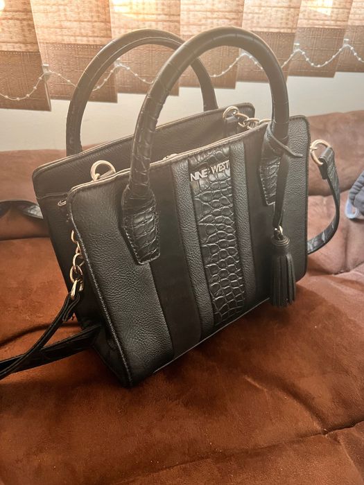 Nine west чанта естествена кожа черна