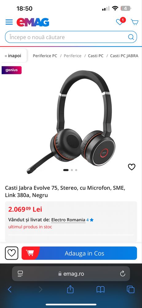 Casti Jabra Evolve 75, Stereo, cu Microfon
