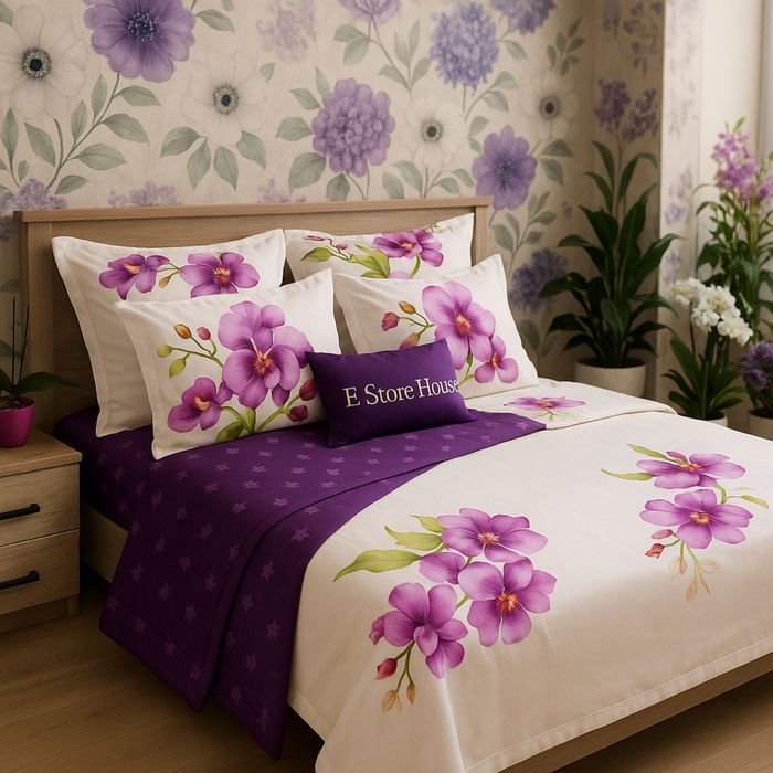 Lenjerie pat bumbac finet 6 piese -model floral mov Casa Pucioasa