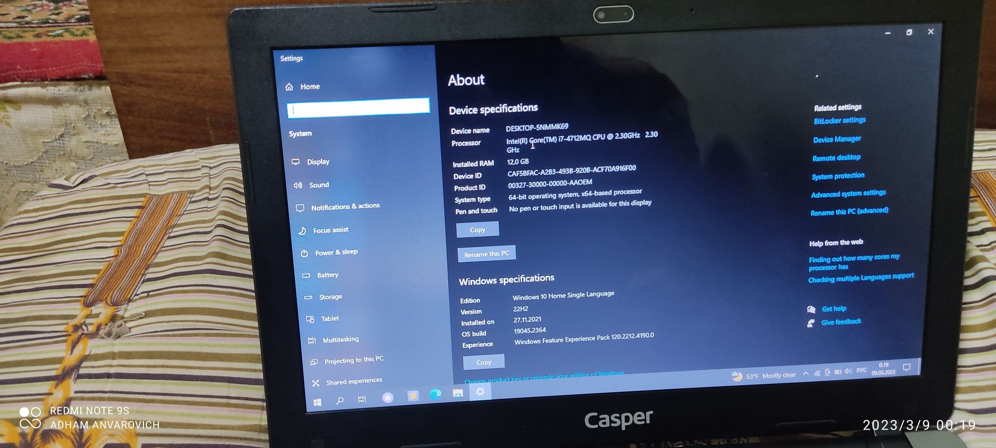 Casper OPTIMUS  Core i7 4712MQ