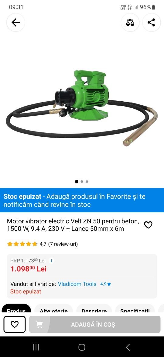 Motor vibrator electric Velt ZN 50 pentru beton,
1500 W, 9.4 A, 230 V