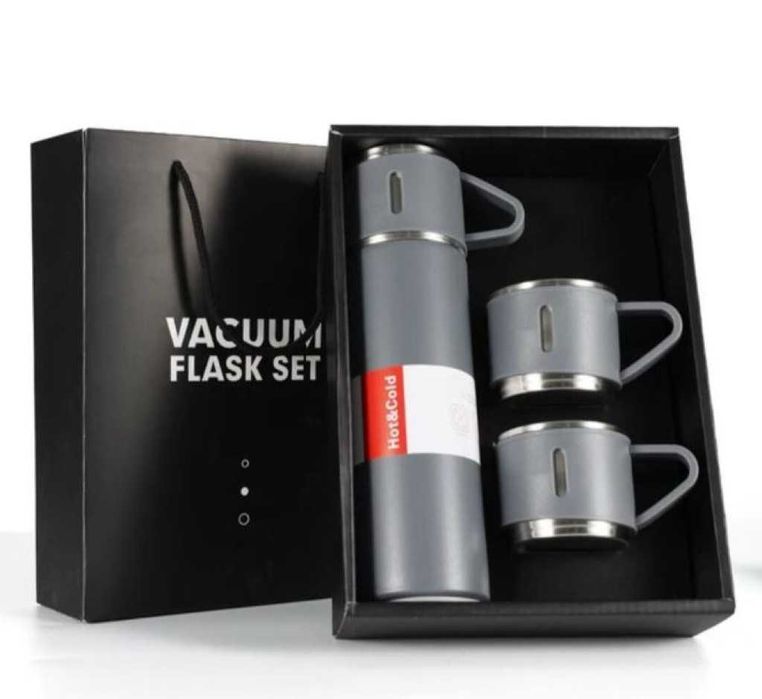 Подаръчен комплект термос с 3 чаши, зелен, розов, сив