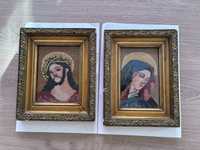 Vand set 2 tablouri goblen vechi Isus si Fecioare Maria