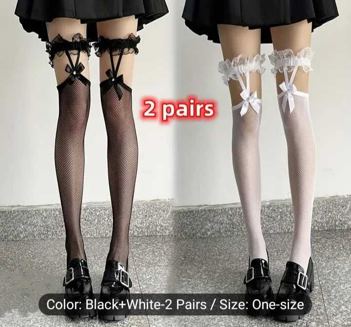 Stockings/ciorapi plasa cu jartiere strasuri si fundite set alb+negru