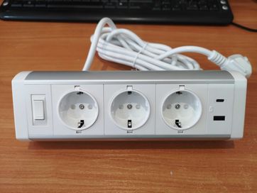 Настолен разклонител за бюро, контакт от алуминиева сплав с 2 USB, 3M