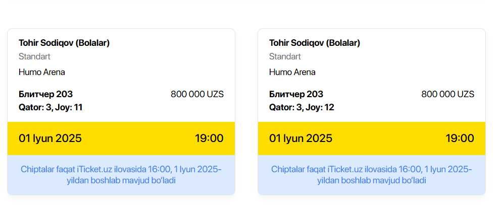Tohir Sodiqovni konsert dasturi uchun chipta !