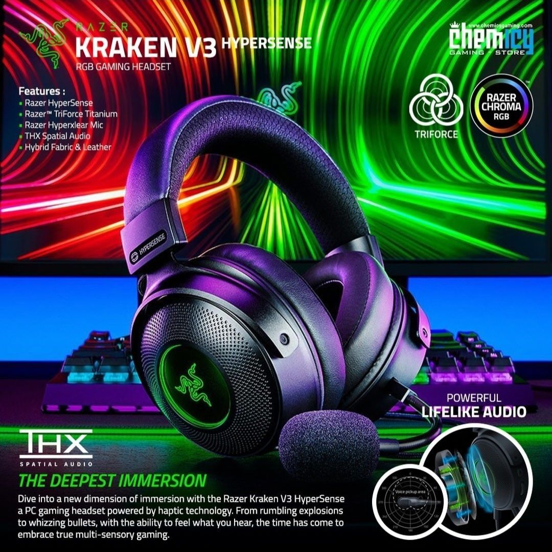 СКИДКА! (c вибрацией) RAZER KRAKEN V3 Hypersense RGB Проводные Наушник