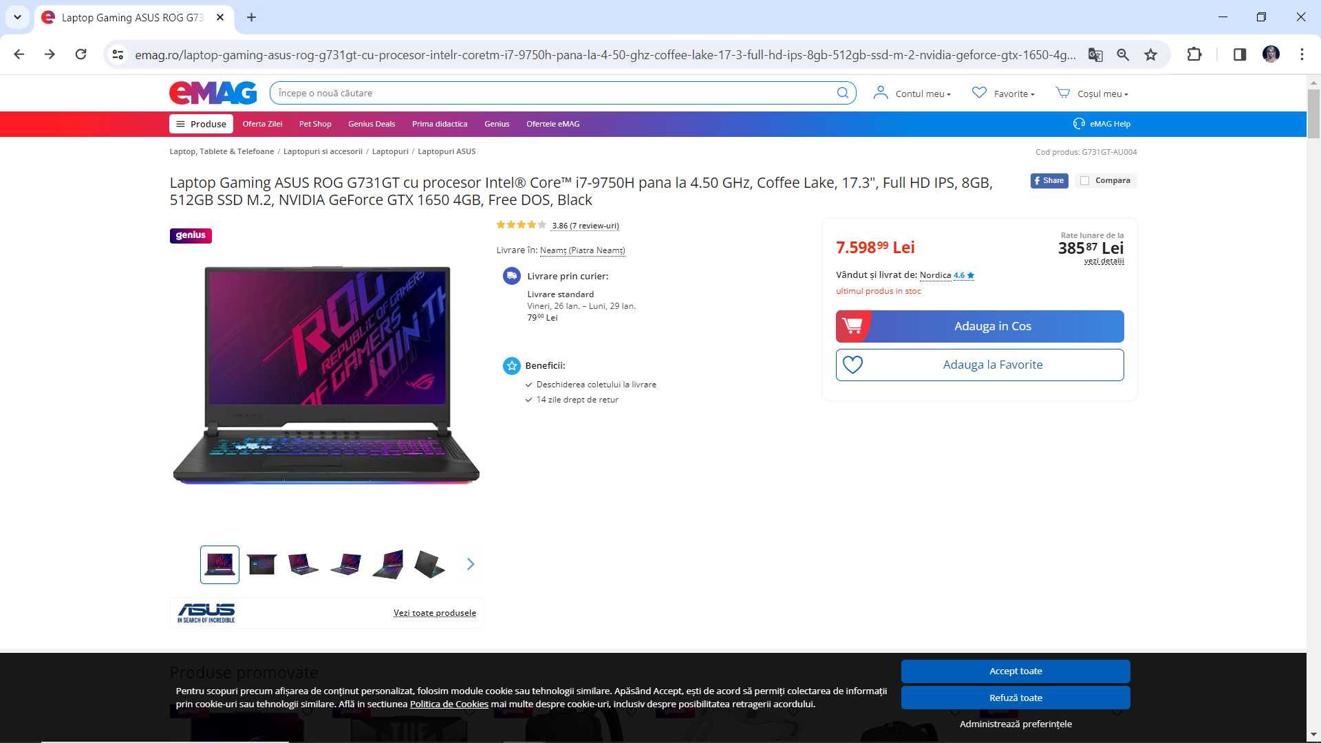 Laptop gaming nou Asus Strix, intel core i7- , ram 16 gb, 17,3 inch