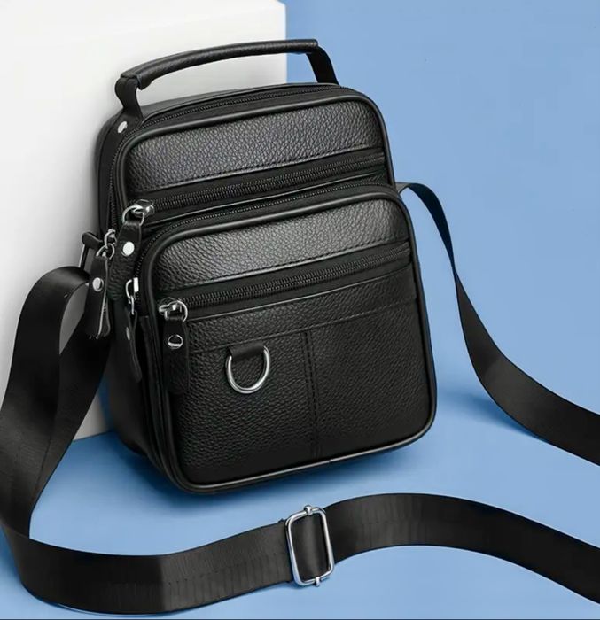 -20%Промоция•Елегантна и практична мъжка чанта с ринг/Черна ест. кожа!