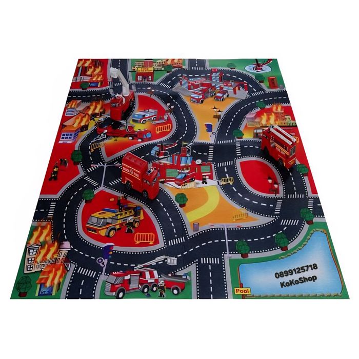Игрален килим с пътища и три пожарни коли/килим за игра