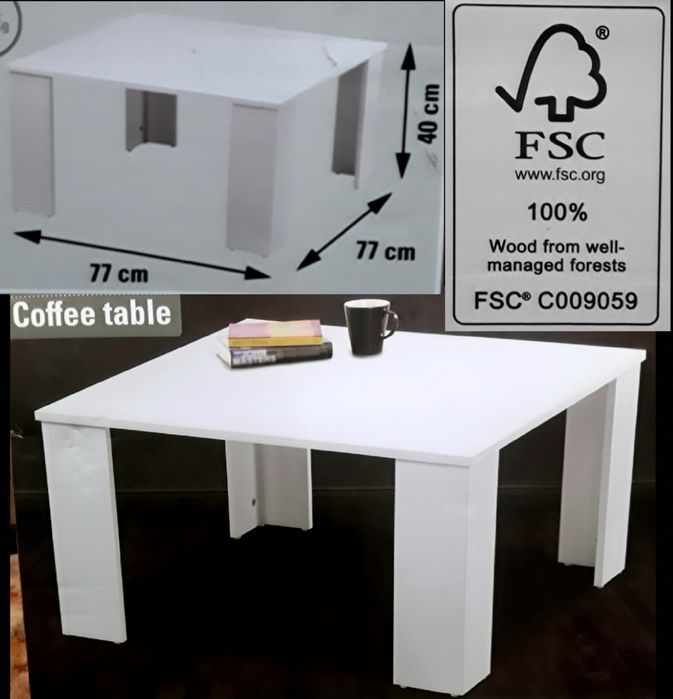 Măsută CAFEA 77x77x40 Cm PAL ALB 15 mm Dublu melaminat - NOUĂ - 110 Le