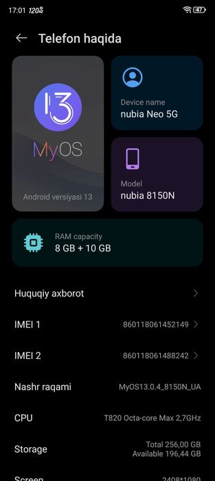 ZTE nubia Neo 5G RAM 8+10GB Xotira 256GB  5G SoC protsessor