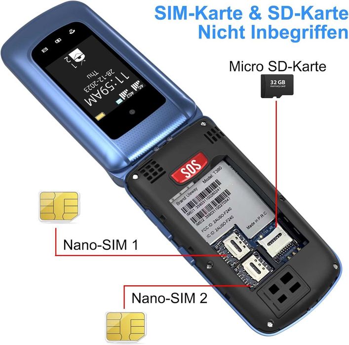 Telefon mobil 4G pt seniori cu clapetă, butoane mari, Dual SIM, SOS