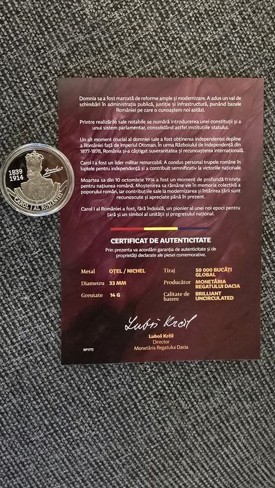 Moneda Carol I cu certificat